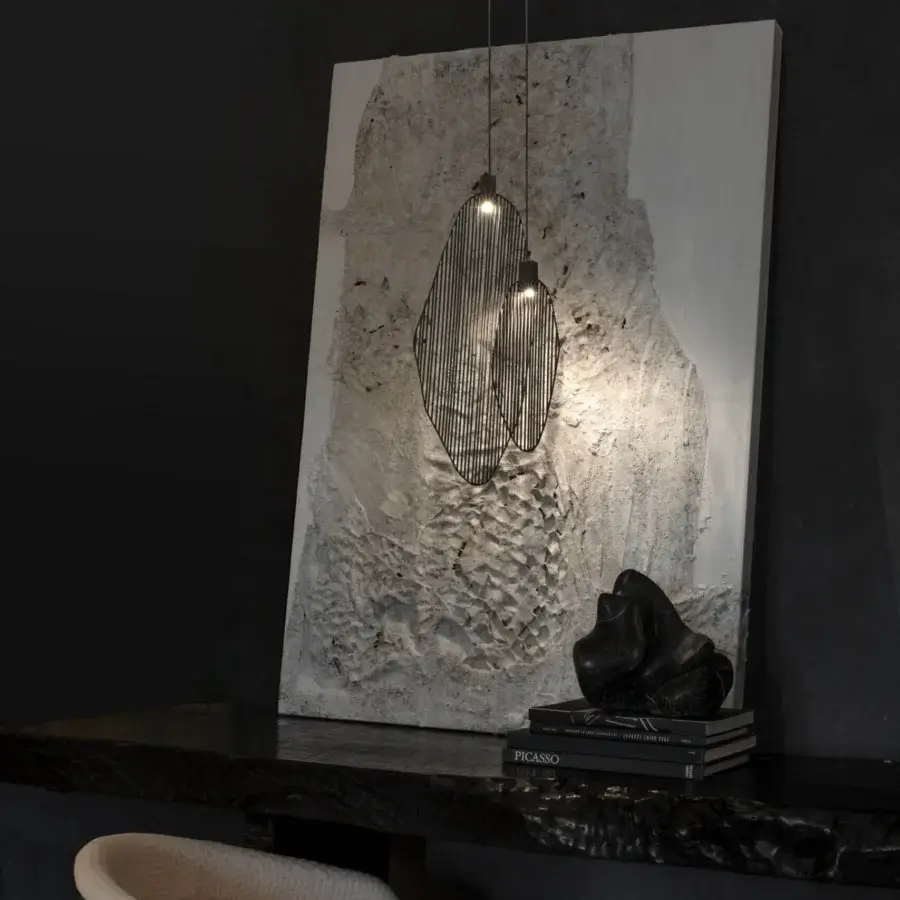 Exceptional Terzani Harpe suspension lamp crafted in metal with a matte dark finish casting striped illumination