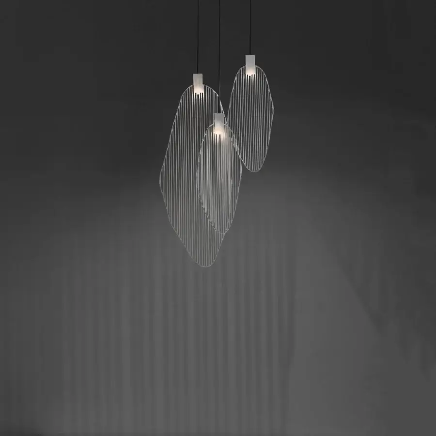 Distinguished Terzani Harpe suspension lamp crafted in metal with a matte light finish and vertical lines