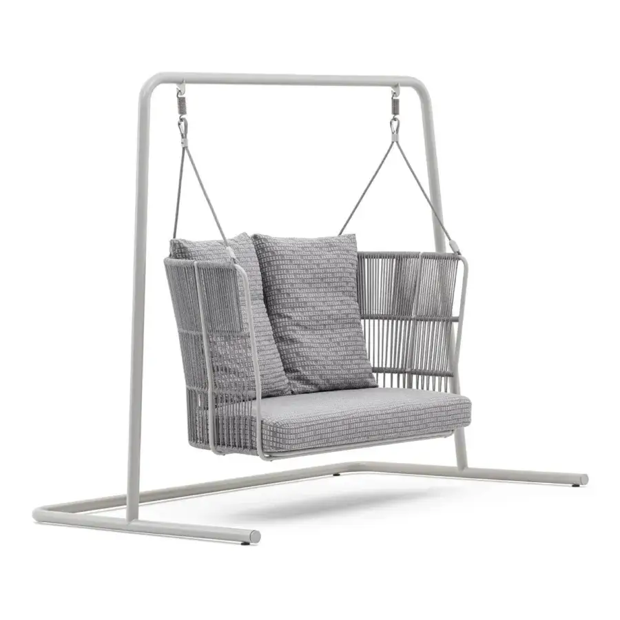 Superior Varaschin Tibidabo outdoor swing with a silk grey aluminum frame and hand-woven Perla rope detailing