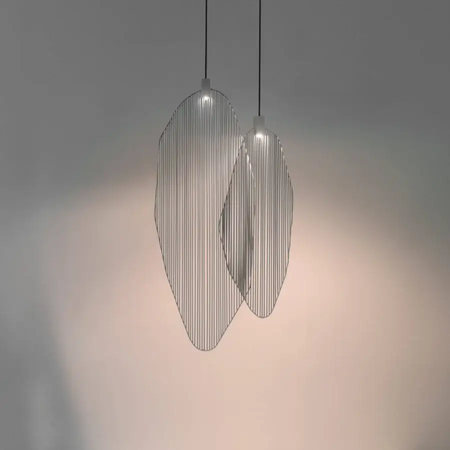 Elegant Terzani Harpe suspension lamp crafted in light-colored metal with a striped matte finish inspired by sunbeams