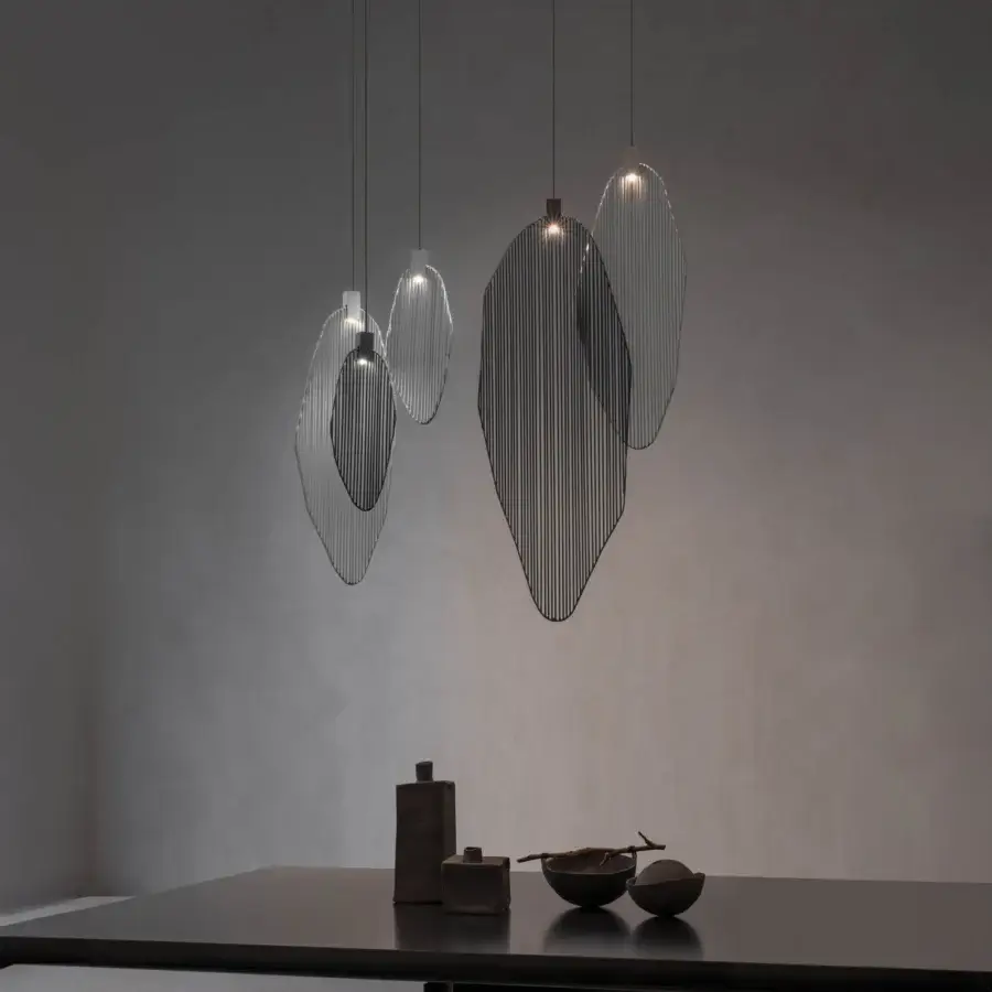 Innovative Terzani Harpe suspension lamp crafted in dark bronze or black metal with a matte finish