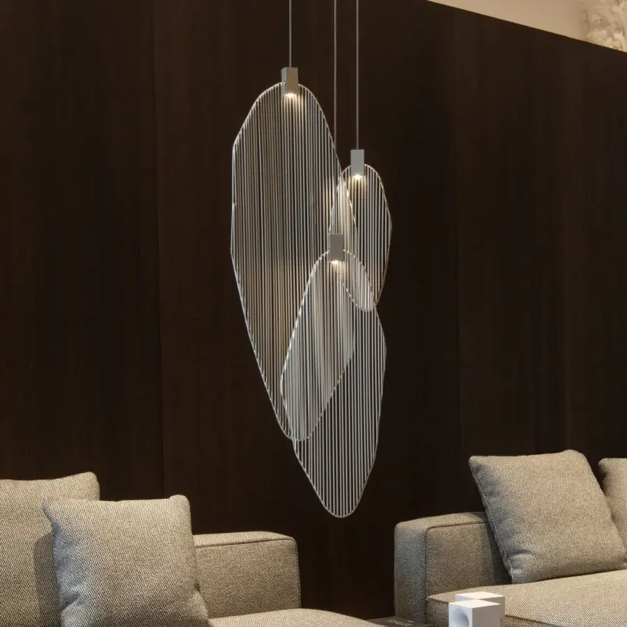 Superior Terzani Harpe suspension lamp crafted in metal with matte silver finish and open airy construction