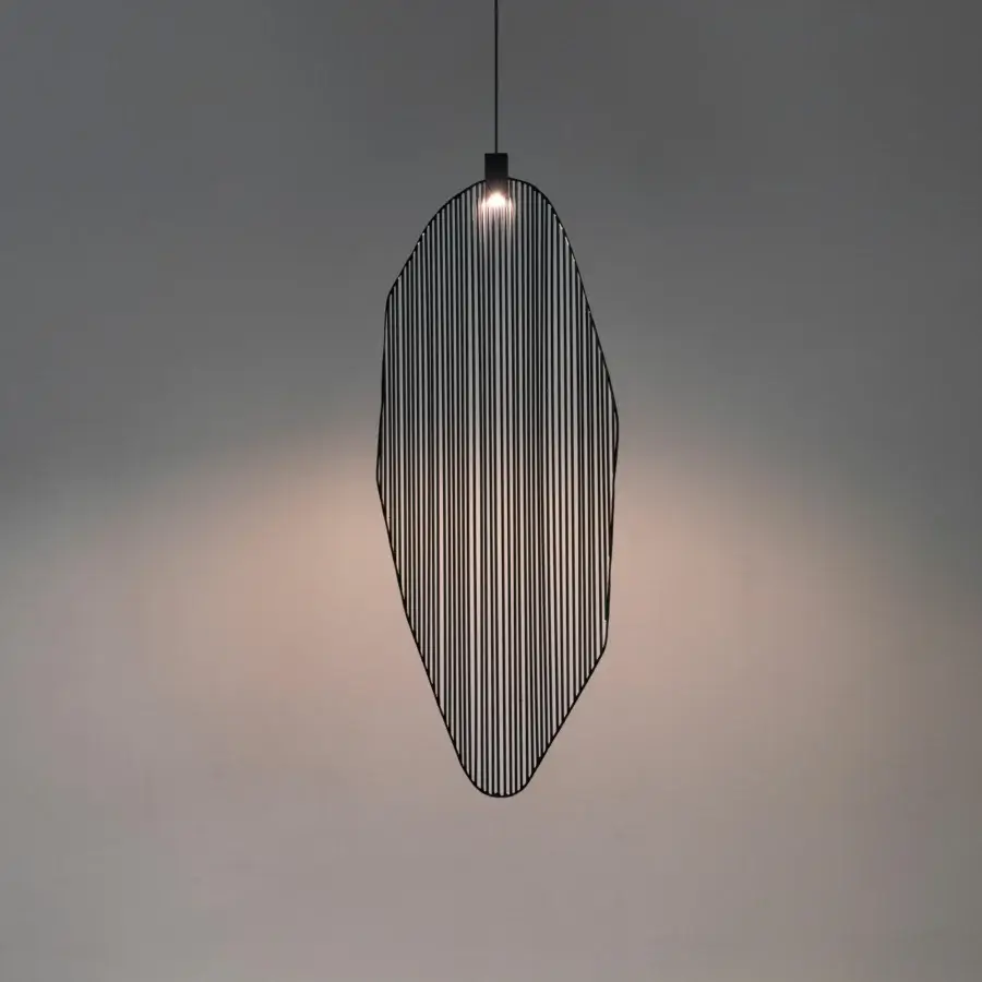 Distinguished Terzani Harpe suspension lamp crafted in metal with parallel black lines creating a captivating light and shadow effect