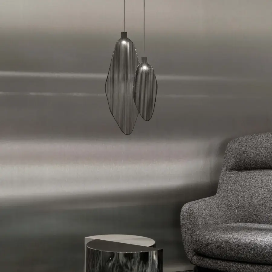 Exceptional Terzani Harpe suspension lamp crafted in metal with a dark matte finish and elongated cage form