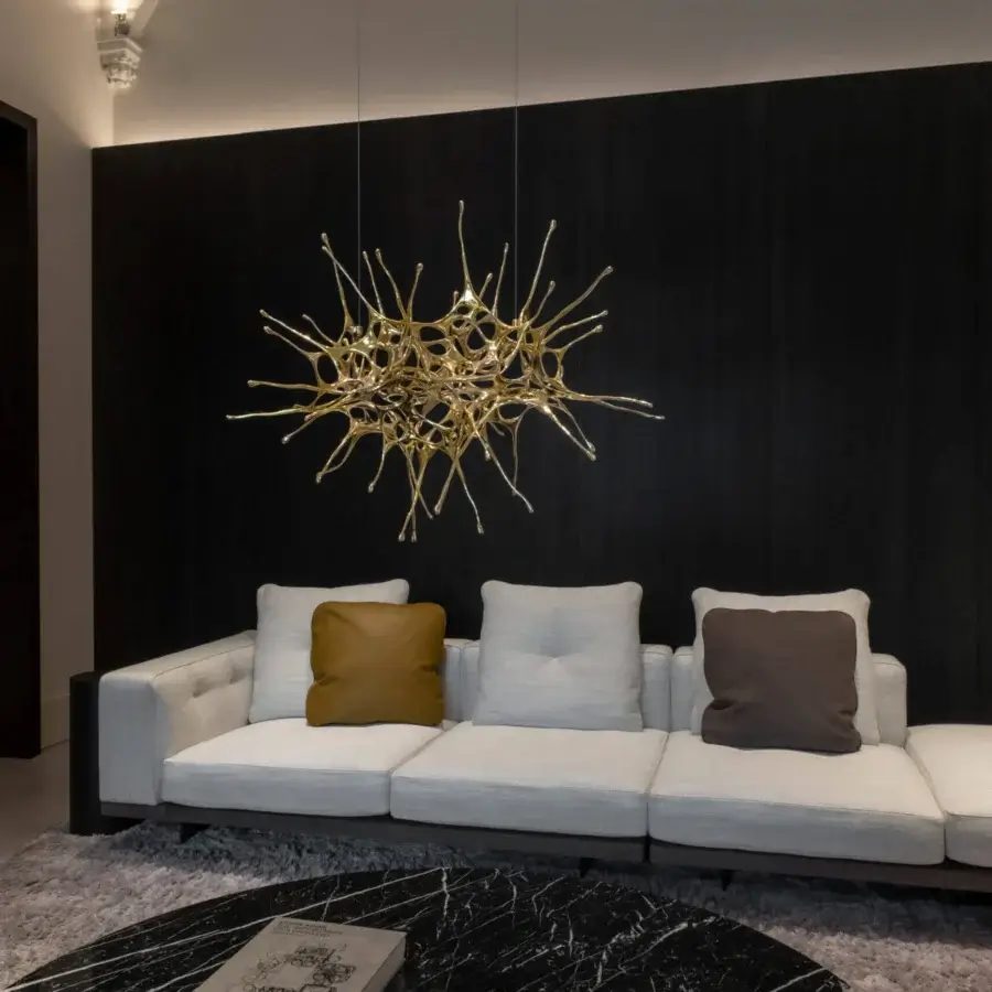 Lavish Terzani Dragon suspended sculpture handcrafted in Italy with golden liquid metal evoking cosmic harmony