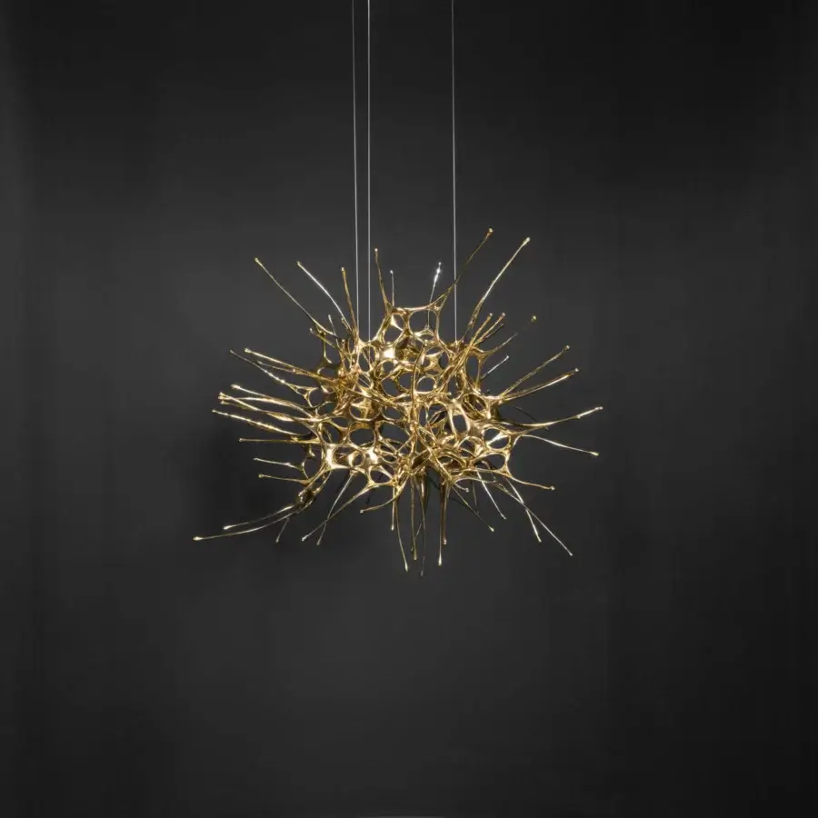 Exclusive Terzani Dragon suspended sculpture handcrafted with liquid metal exhibiting a glossy gold finish