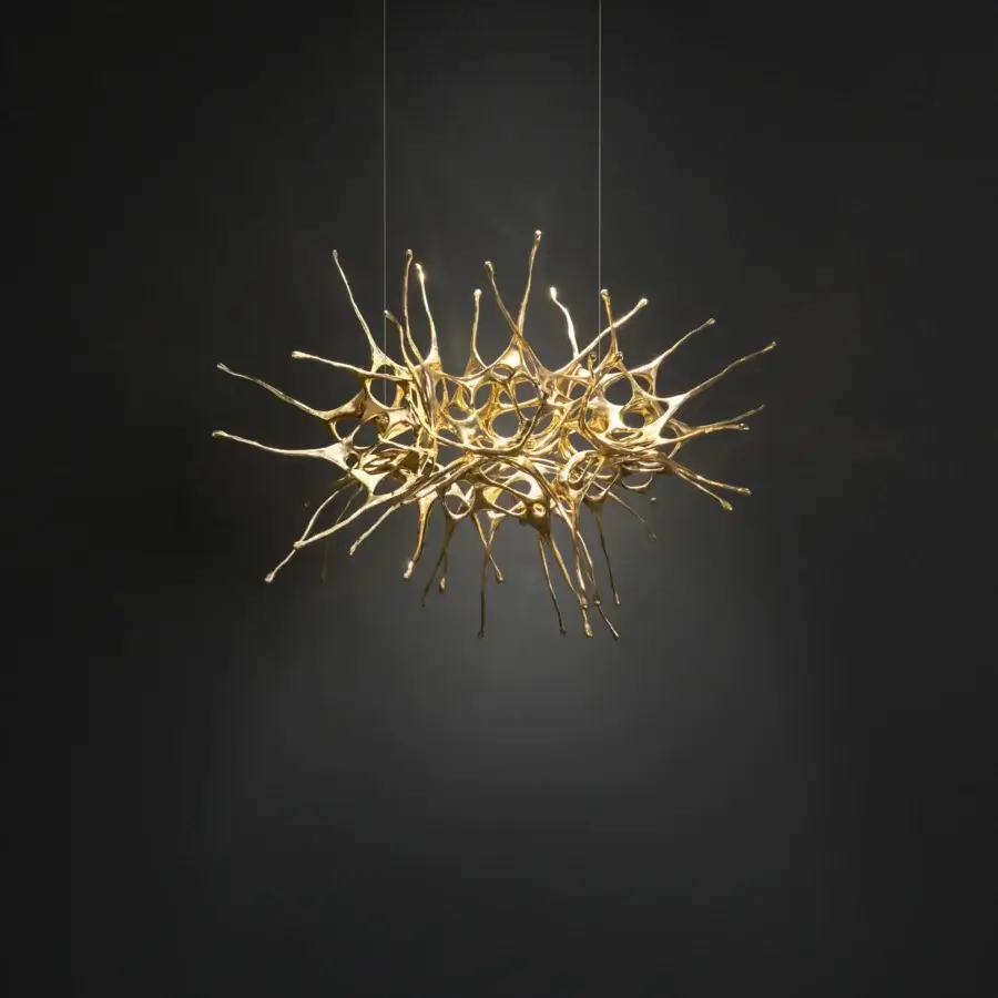 Exceptional Terzani Dragon suspension lamp handcrafted sculpture with liquid metal protrusions and glossy reflective gold finish