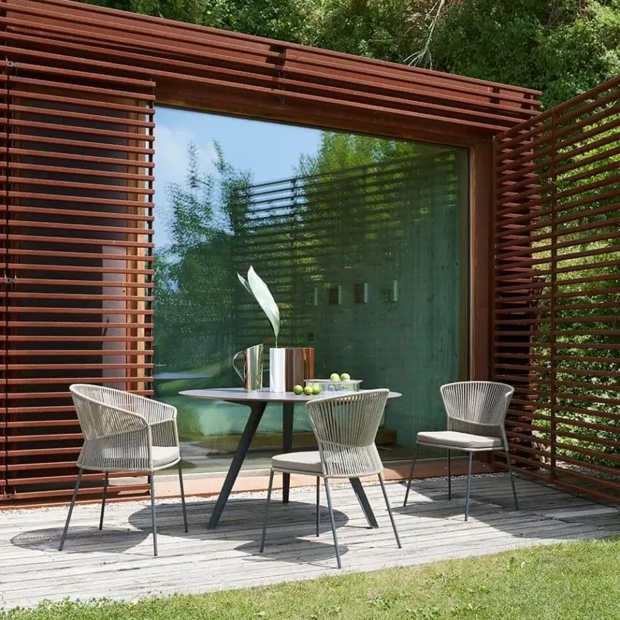 Distinguished Potocco Katana outdoor table with grey porcelain stoneware top and embossed painted metal base