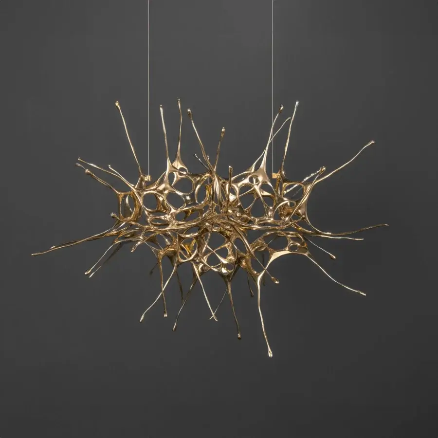 Superior Terzani Dragon suspension lamp handcrafted in Italy with glossy gold liquid metal and complex form