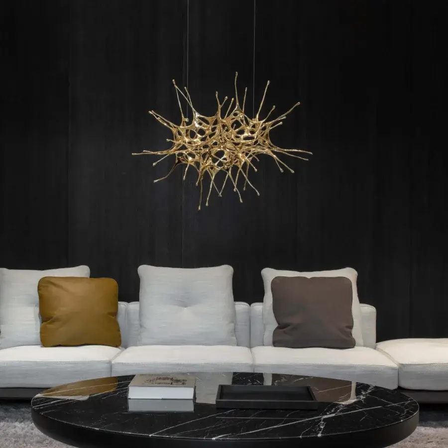 Superior Terzani Dragon suspension lamp handcrafted sculpture with glossy gold finish evoking earth, water and cosmic harmony