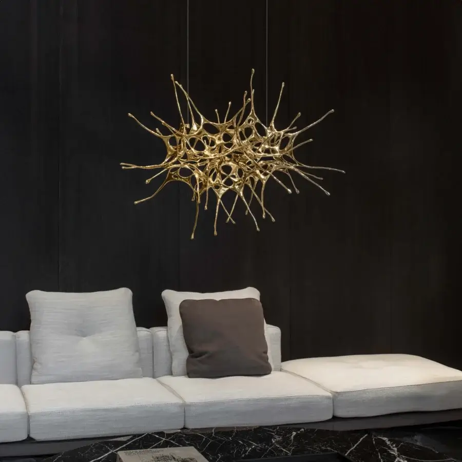 Distinguished Terzani Dragon suspended sculpture handcrafted in Italy with liquid metal and glossy gold finish