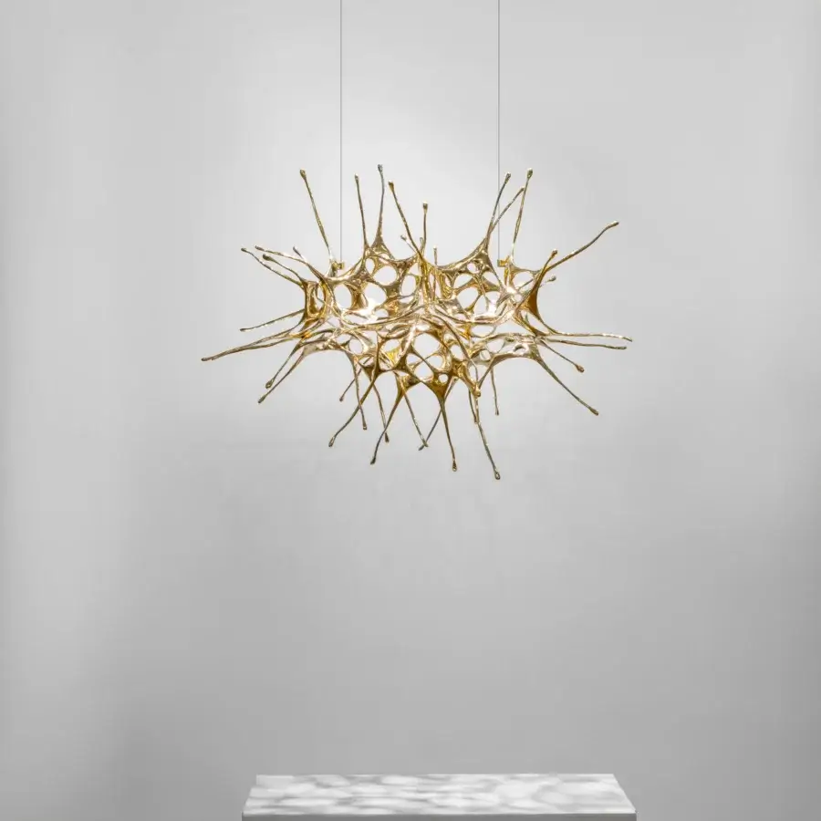 Exceptional Terzani Dragon suspended sculpture handcrafted in Italy with glossy golden liquid metal and intricate branching network