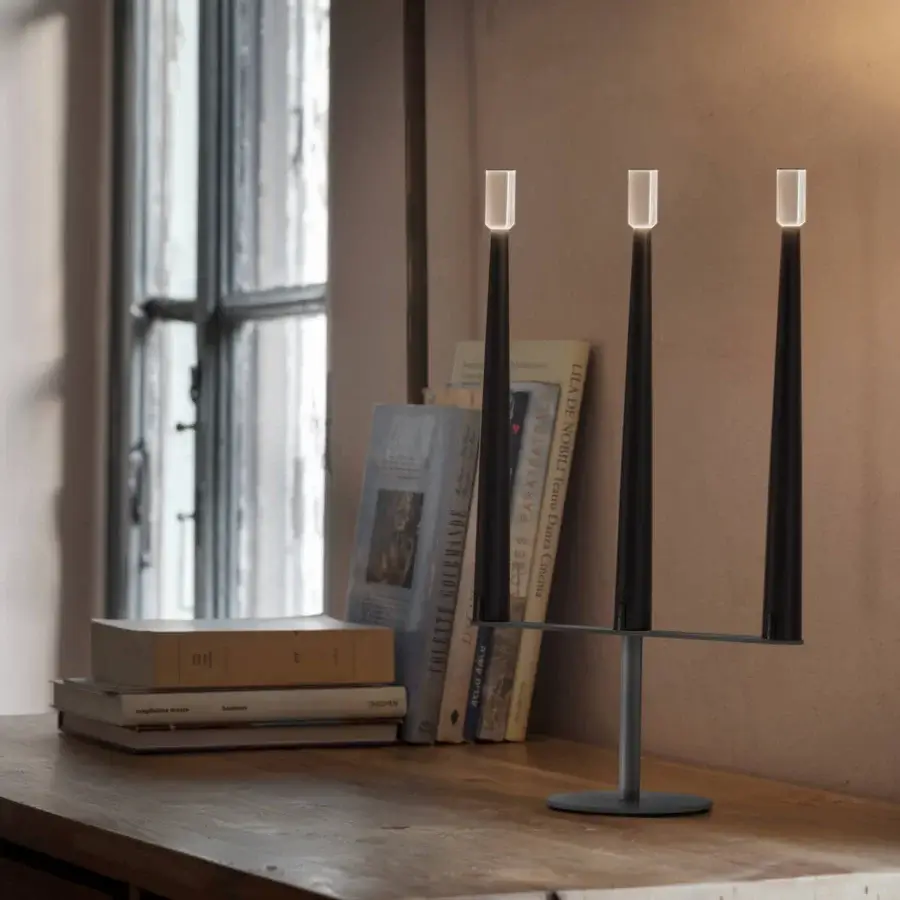 Exceptional Nemo Lighting Sorrento table lamp with matte black aluminum stems and transparent methacrylate diffusers