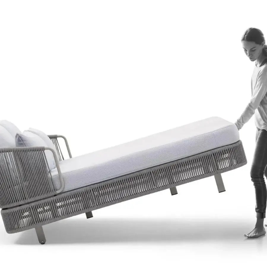 Superior Varaschin Tibidabo lounger with Silk Grey aluminum and Perla Rope weaving exhibiting balanced proportions