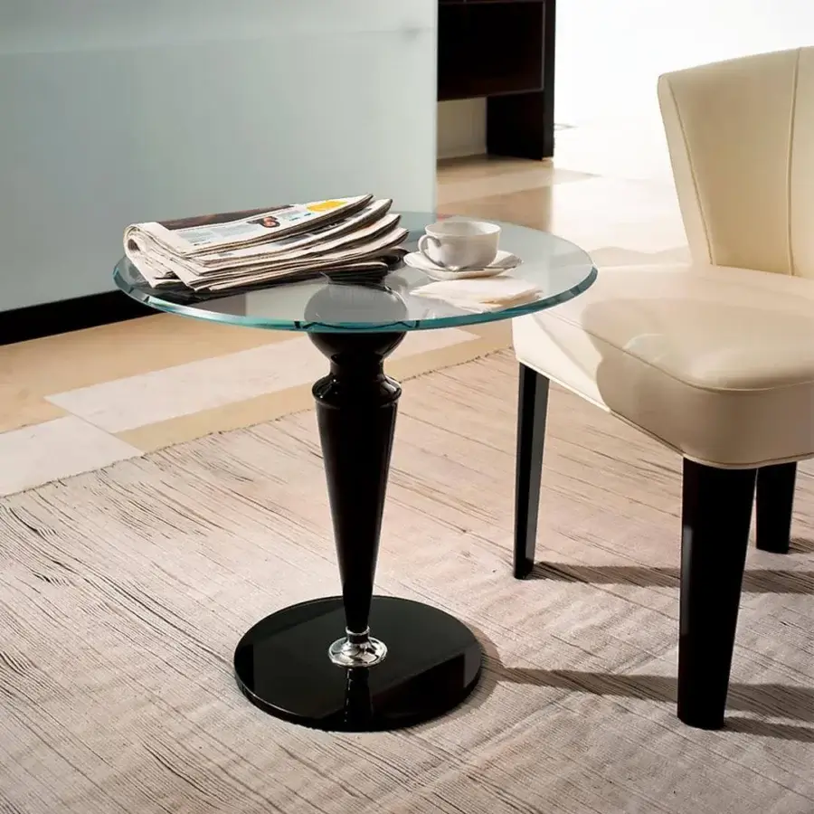 Elegant Reflex Gran Canal side table with transparent glass top and glossy black lacquered support column