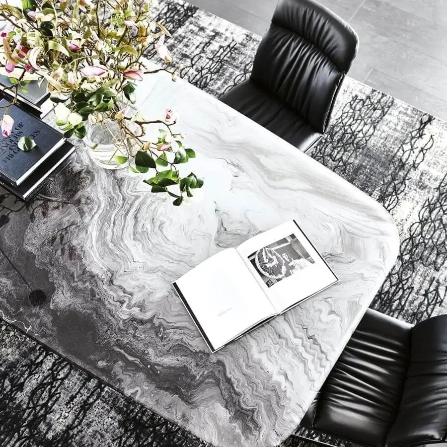 Superior Cattelan Italia Skorpio CrystalArt table with artistic decorative printing on shaped extra-clear bevelled glass and titanium embossed lacquered steel