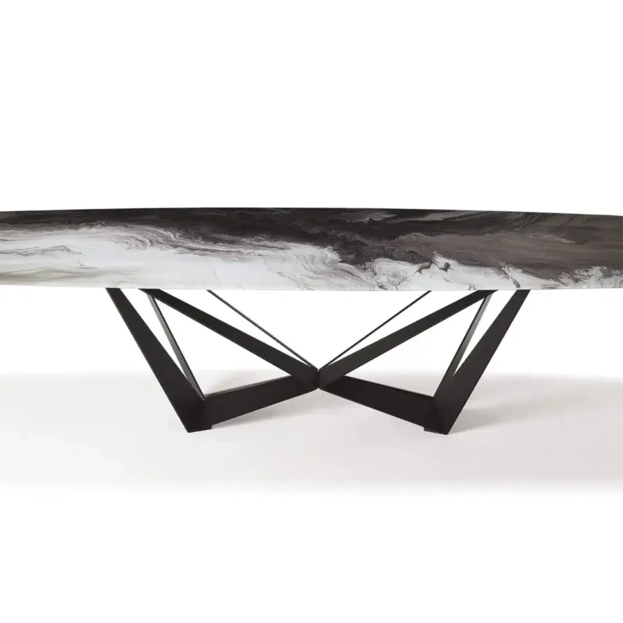 Superior Cattelan Italia Skorpio CrystalArt table with shaped extra-clear glass and graphite embossed lacquered steel base