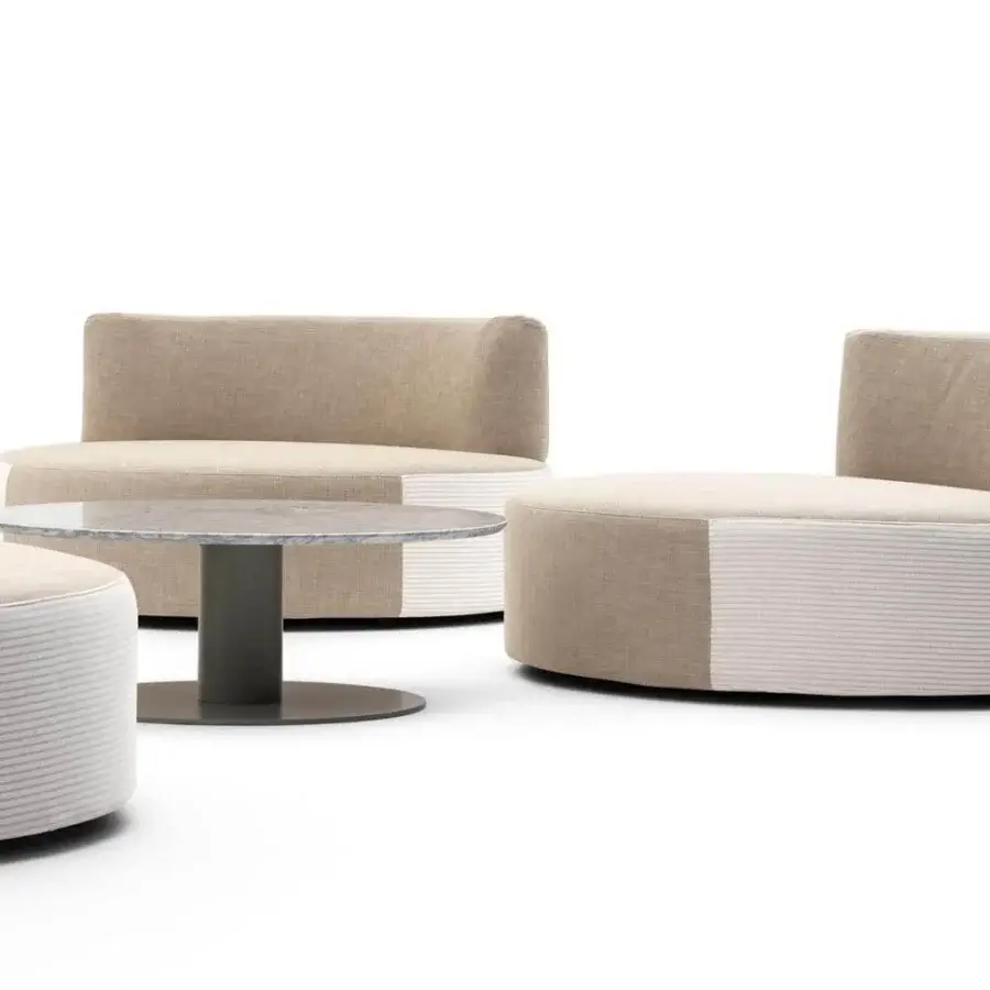 Elegant Varaschin Belt lounge chair crafted in okumè wood with two-tone textile upholstery and open-cell draining rubber construction