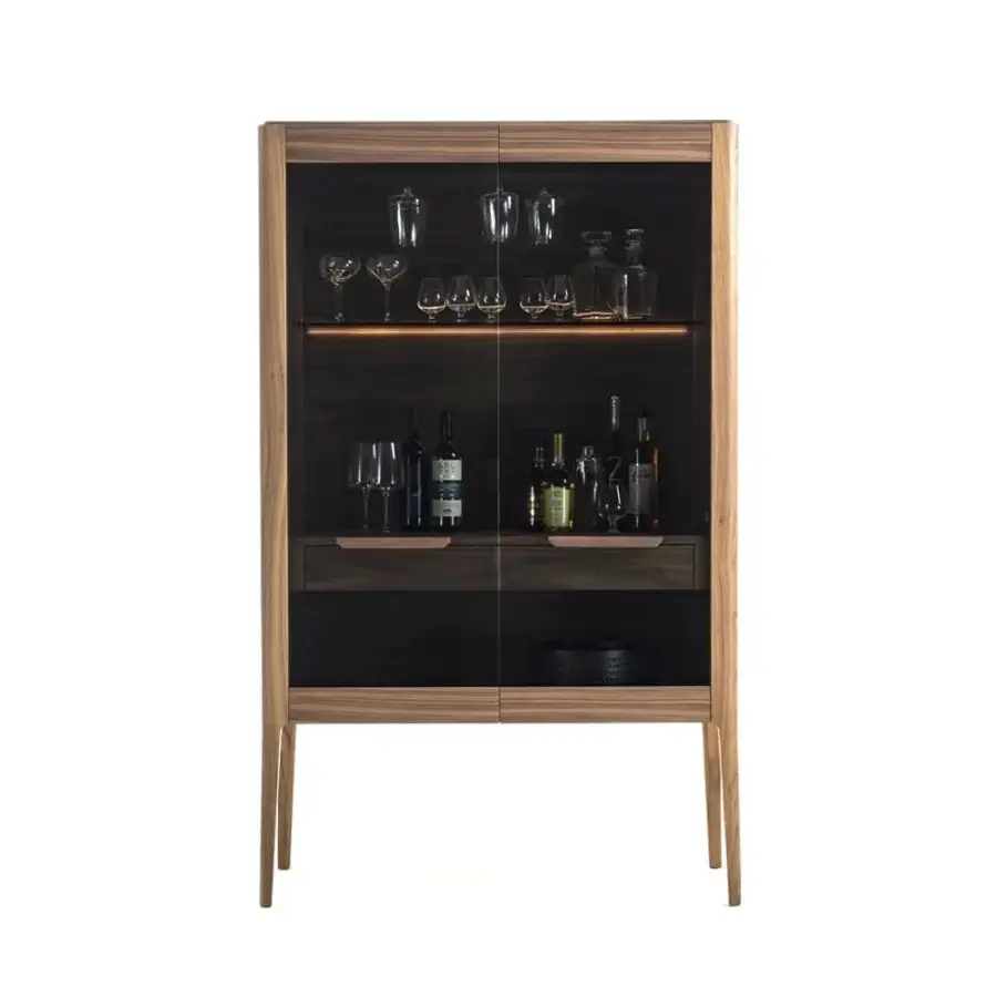 Superior Porada Atlante bar cabinet crafted in canaletto walnut with illuminated smoked glass doors and slender legs