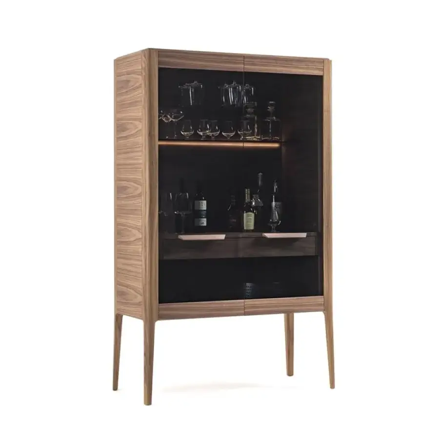 Distinguished Porada Atlante bar cabinet in canaletto walnut presents illuminated glassware within smoked glass doors and sleek lines