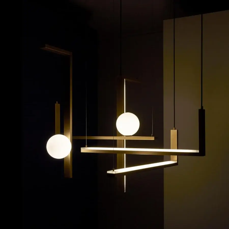 Distinguished VENICEM Less System 5 suspension lamp in burnished natural brass with refined satin glass diffusers and a geometric structure