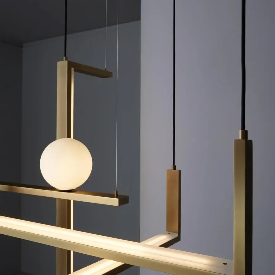 Exclusive VENICEM Less System 5 suspension lamp with interconnected rectangular frames in burnished natural brass and milky white satin glass