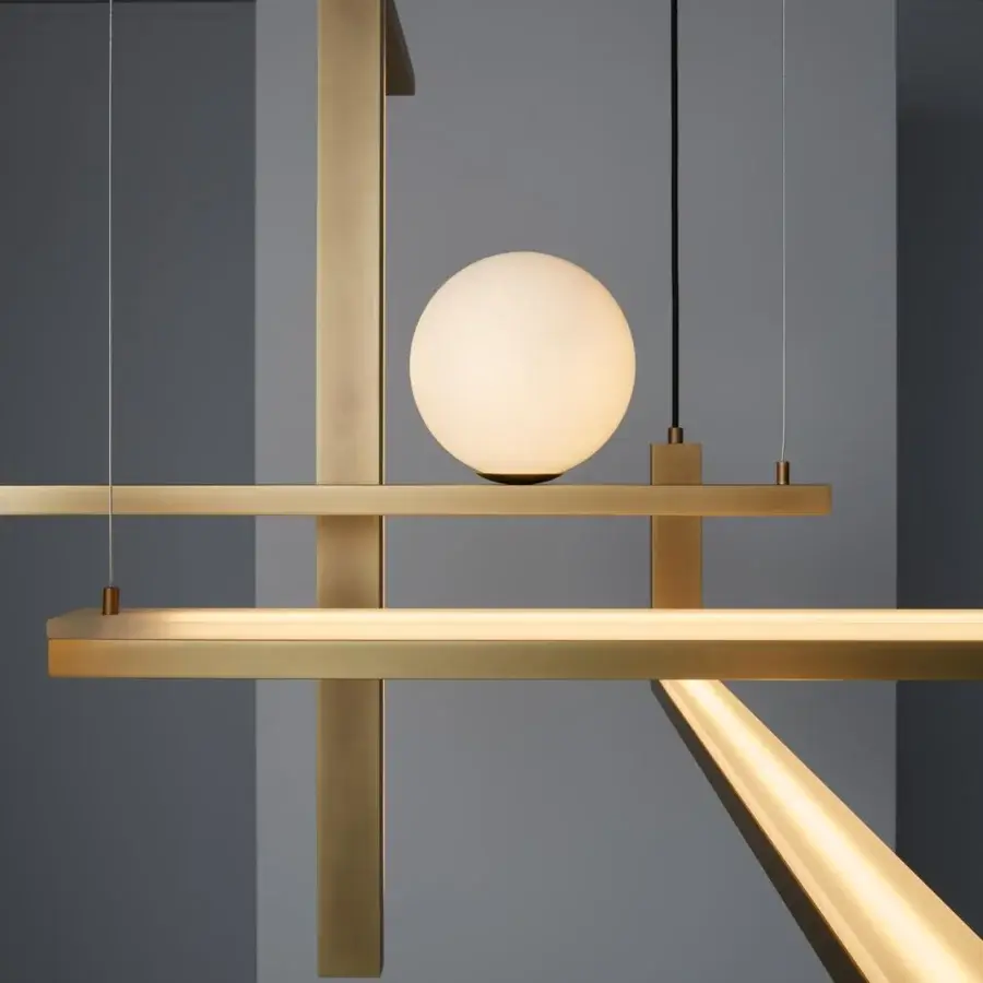 Distinguished VENICEM Less System 5 suspension lamp with intersecting rectangular bars in burnished natural brass and satin glass diffusers