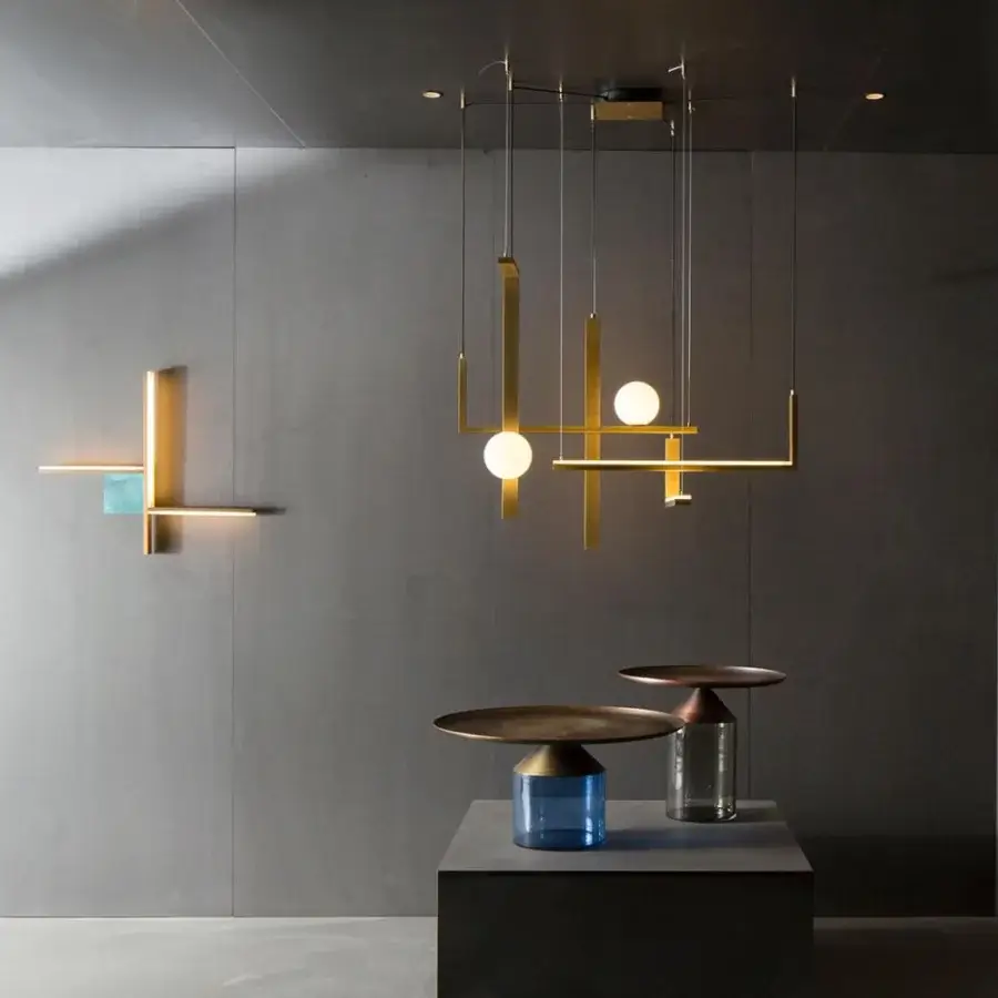 Exceptional VENICEM Less System 5 suspension lamp with geometric metal structure and decorative satin glass shades in burnished natural brass finish