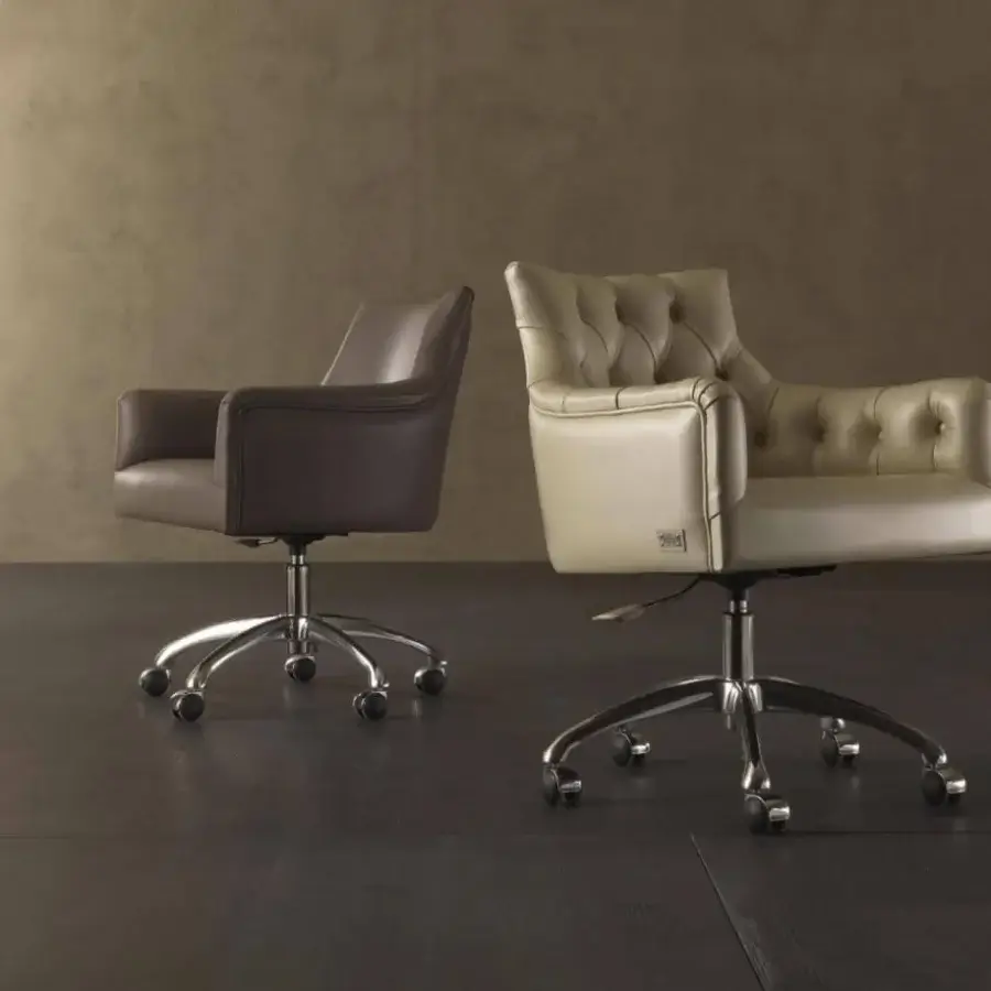 Distinguished Rugiano Itaca office armchair upholstered in dark beige or light brown leather with a polished steel base and swivel wheels