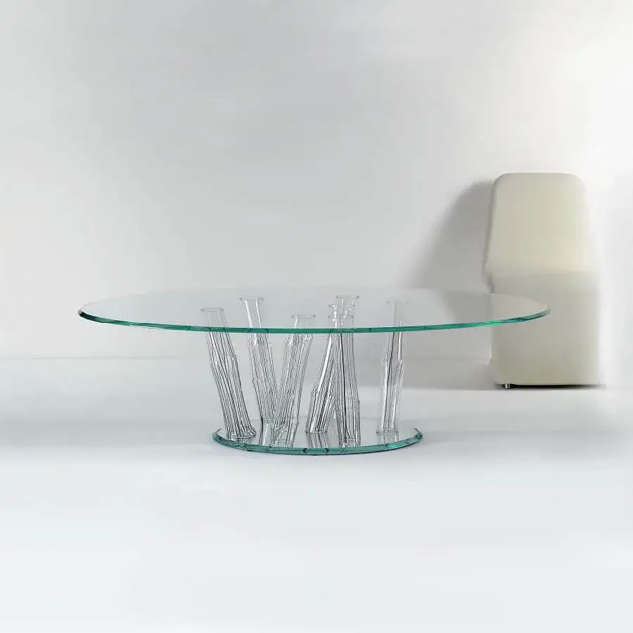 Exceptional Reflex Bamboo coffee table with clear glass top and converging transparent Murano glass tubes