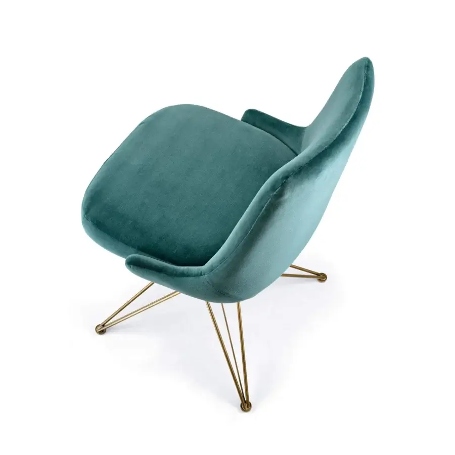 Elegant Arketipo Athena chair with gathered teal textile upholstery and gilded metal legs crafted in brass