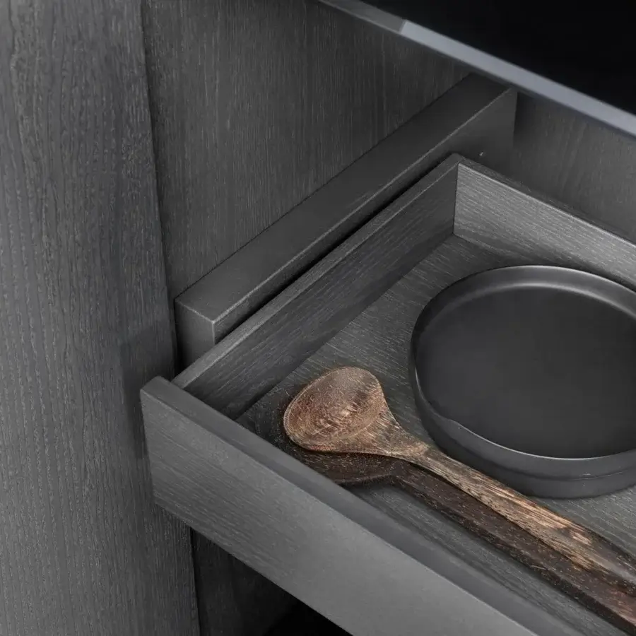 Distinguished Potocco Avant cupboard in Canaletto walnut revealing a modern dark gray drawer with a matte finish