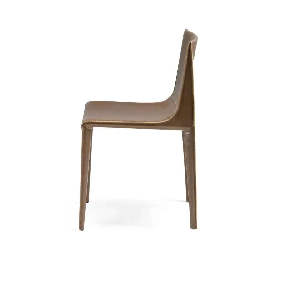 Elegant Arketipo Emily chair upholstered in medium brown vegetable-tanned Dirt and Tribe leather with a smooth matte finish