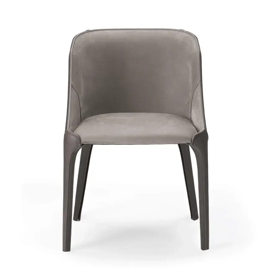 Distinguished Arketipo Goldie chair crafted in smooth matte gray textile with stitched seams and tapered legs