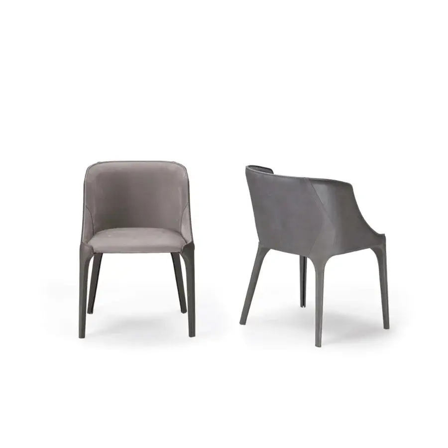 Exceptional Arketipo Goldie chair upholstered in medium gray fabric with visible stitching and integrated armrests