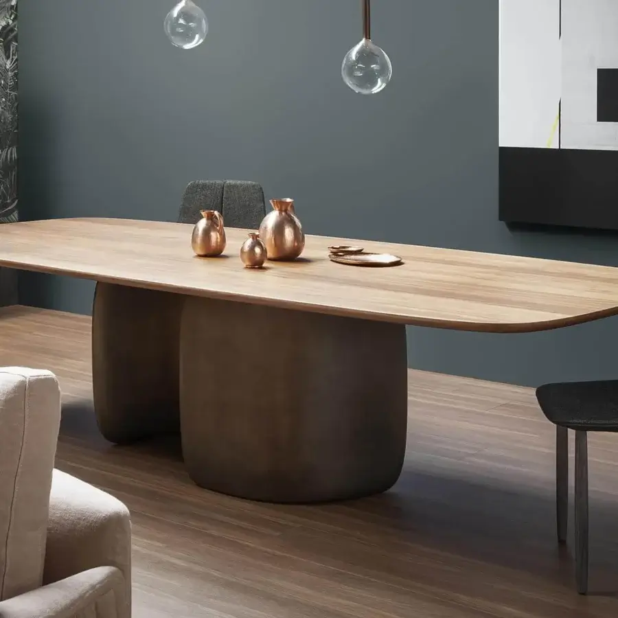 Superior Bonaldo Mellow table with curvilinear shapes, a light wood tabletop and a brownish-gray textured base with matte finishes