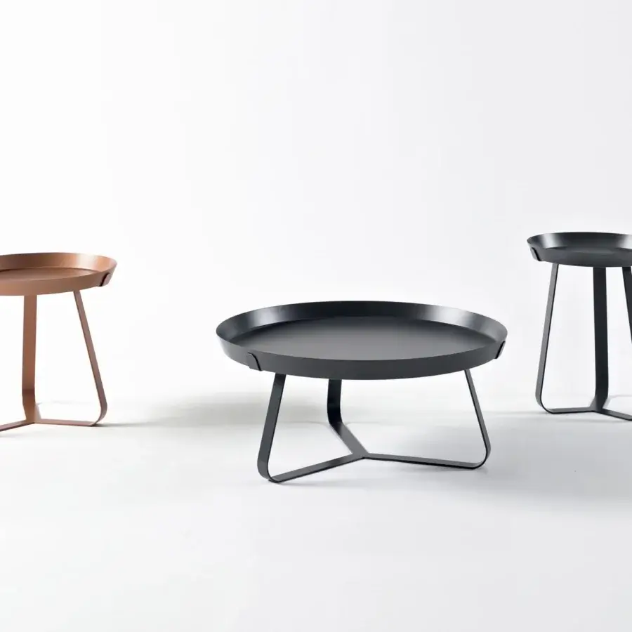 Exclusive Bonaldo Frinfri table with lightweight geometric base and removable round tray in black metal with matte finish