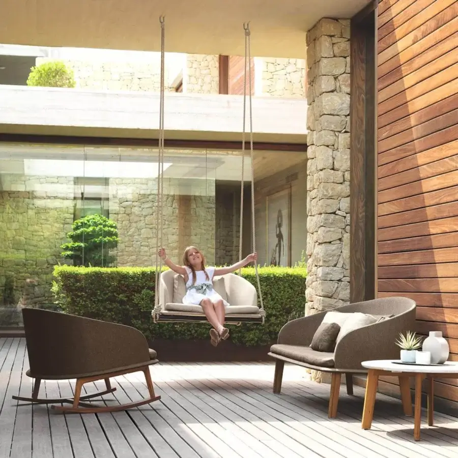 Innovative Talenti Cleo Swing with teak wood structure and removable light beige weather-resistant cushions crafted with synthetic ropes