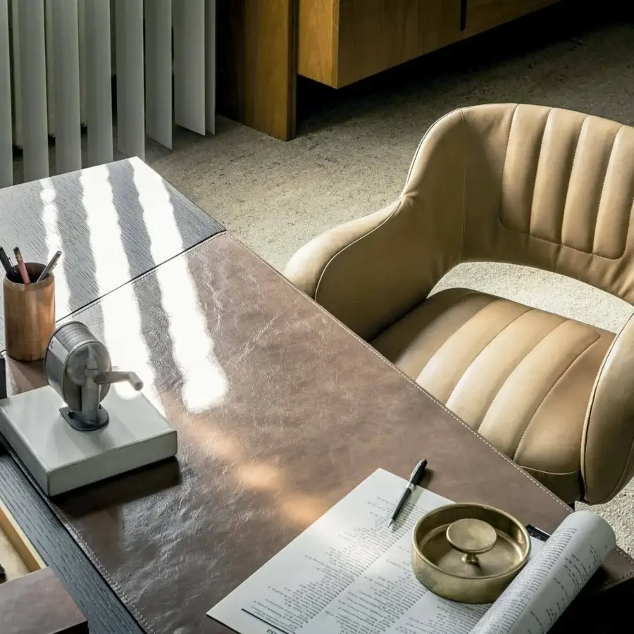 Elegant Arketipo Inkiostro desk with dark moka oak veneered MDF and light brown leather desk pad finish