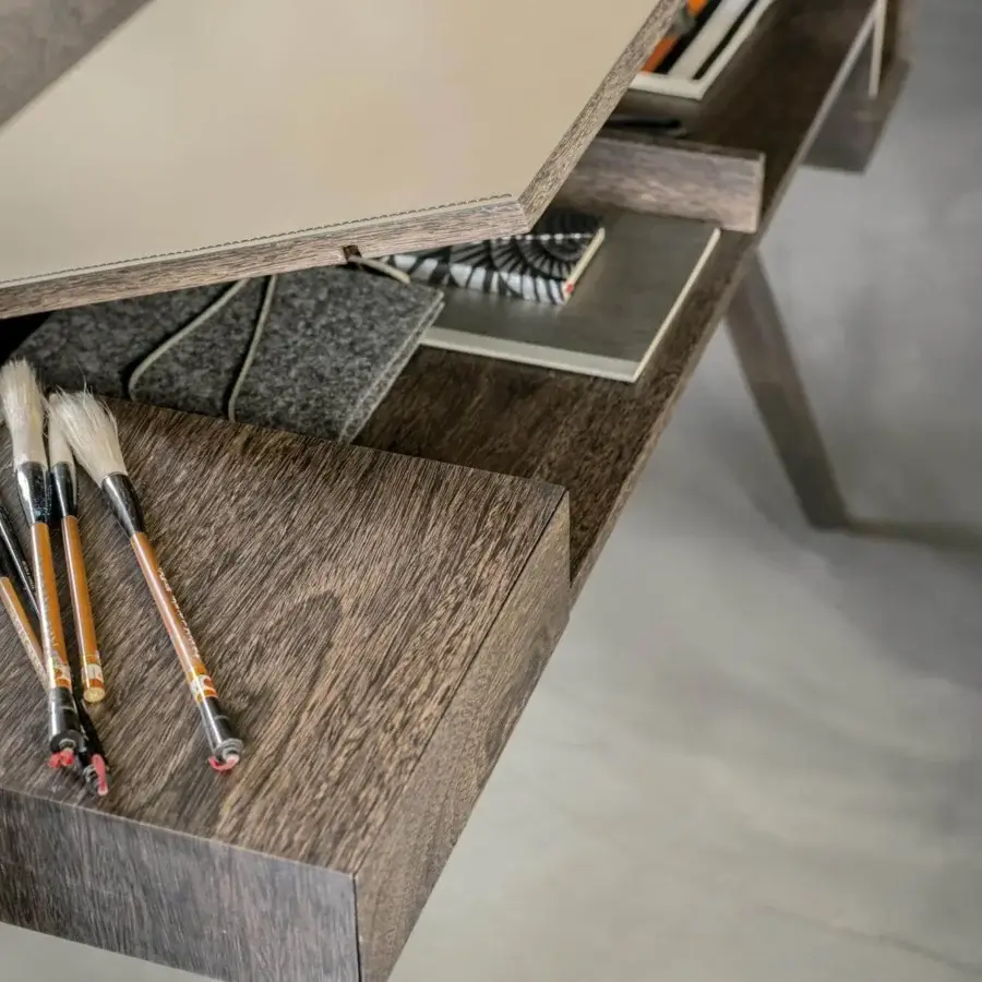 Superior Arketipo Inkiostro desk crafted in moka oak with minimalist lines and a hinged top revealing ample storage