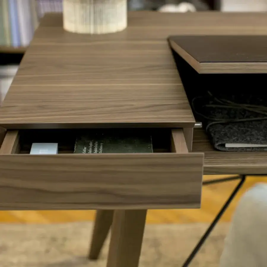 Exceptional Arketipo Inkiostro desk crafted in moka oak veneered MDF with solid ash legs and Leonardo leather pad