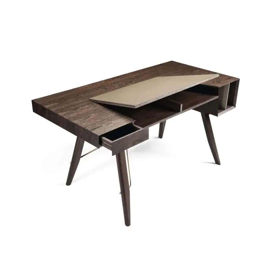 Distinguished Arketipo Inkiostro desk built in moka oak veneered MDF with Leonardo leather and micaceous brown metal accents