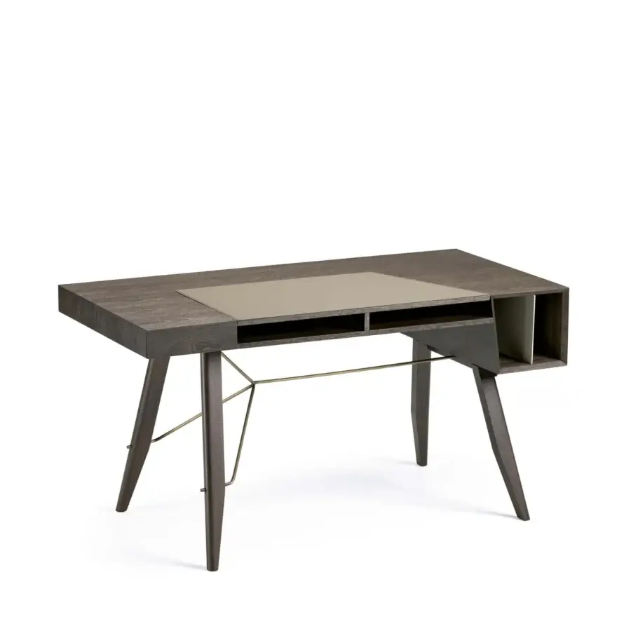Exceptional Arketipo Inkiostro desk crafted in moka oak veneered MDF with solid ash wood legs and a tan leather pad