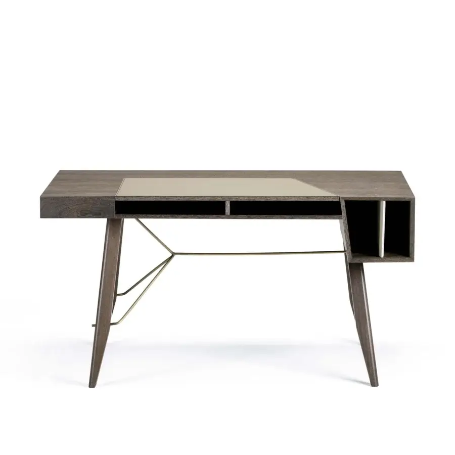 Superior Arketipo Inkiostro desk crafted in moka oak veneered MDF with light beige leather and gold tone metal base