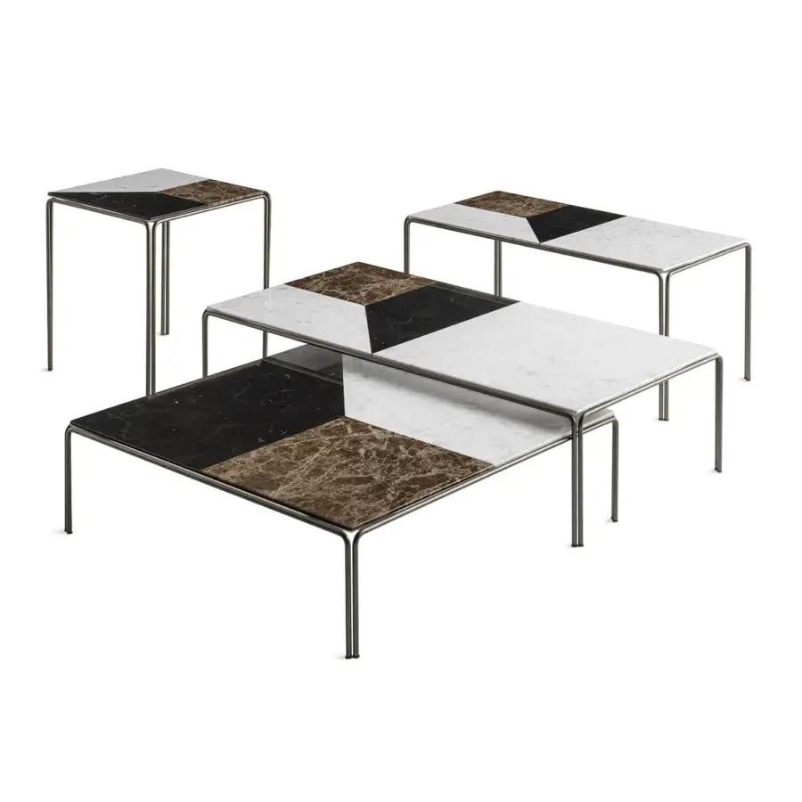 Distinguished Horm Ragtime coffee table set with geometric marble tops and bronze painted metal frames crafted in Italy