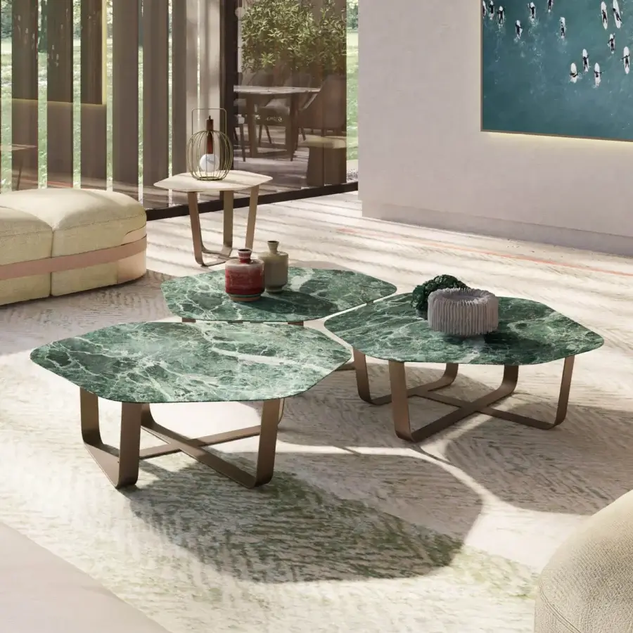Exceptional Borzalino Ground coffee table with a glossy green marble top and matte bronze lacquered metal base