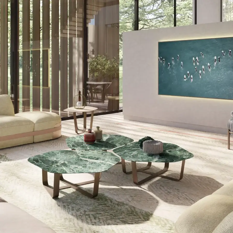 Superior Borzalino Ground coffee table with an irregular hexagonal polished green marble top and lacquered dark metal base