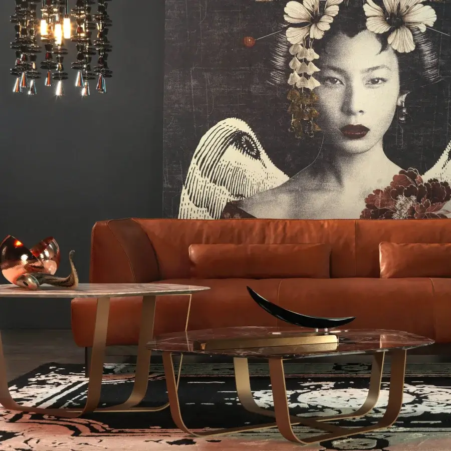 Distinguished Borzalino Ground coffee table with an irregular tabletop in brown and beige toned marble and lacquered bronze-like metal base