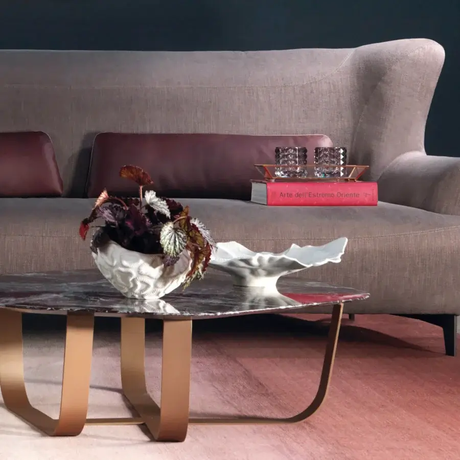 Exceptional Borzalino Ground coffee table with irregular dark mottled brown marble and lacquered bronze-like metal base