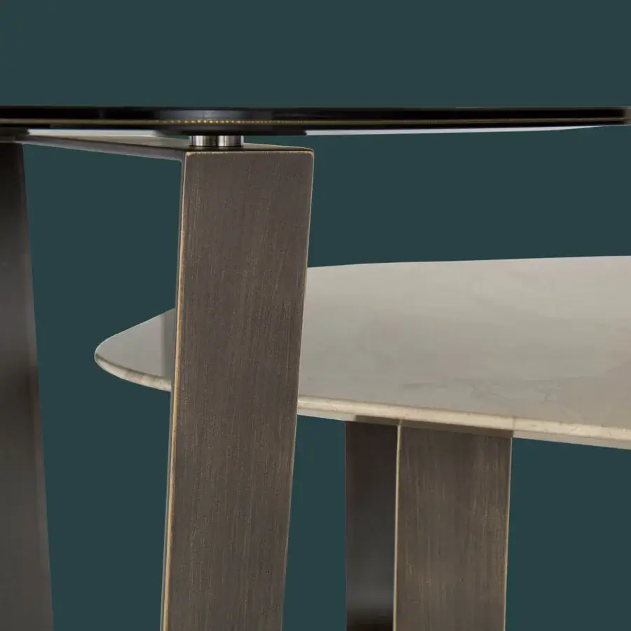 Refined Borzalino Ground coffee table with irregular meshed glass top and dark matte lacquered metal base